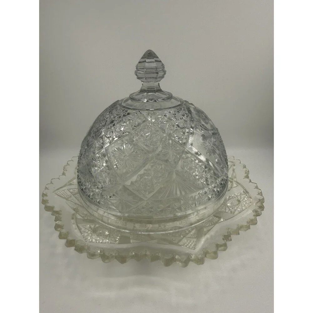 2 Piece Vintage American Brilliant Cut Glass Butter Dish with a Domed Lid